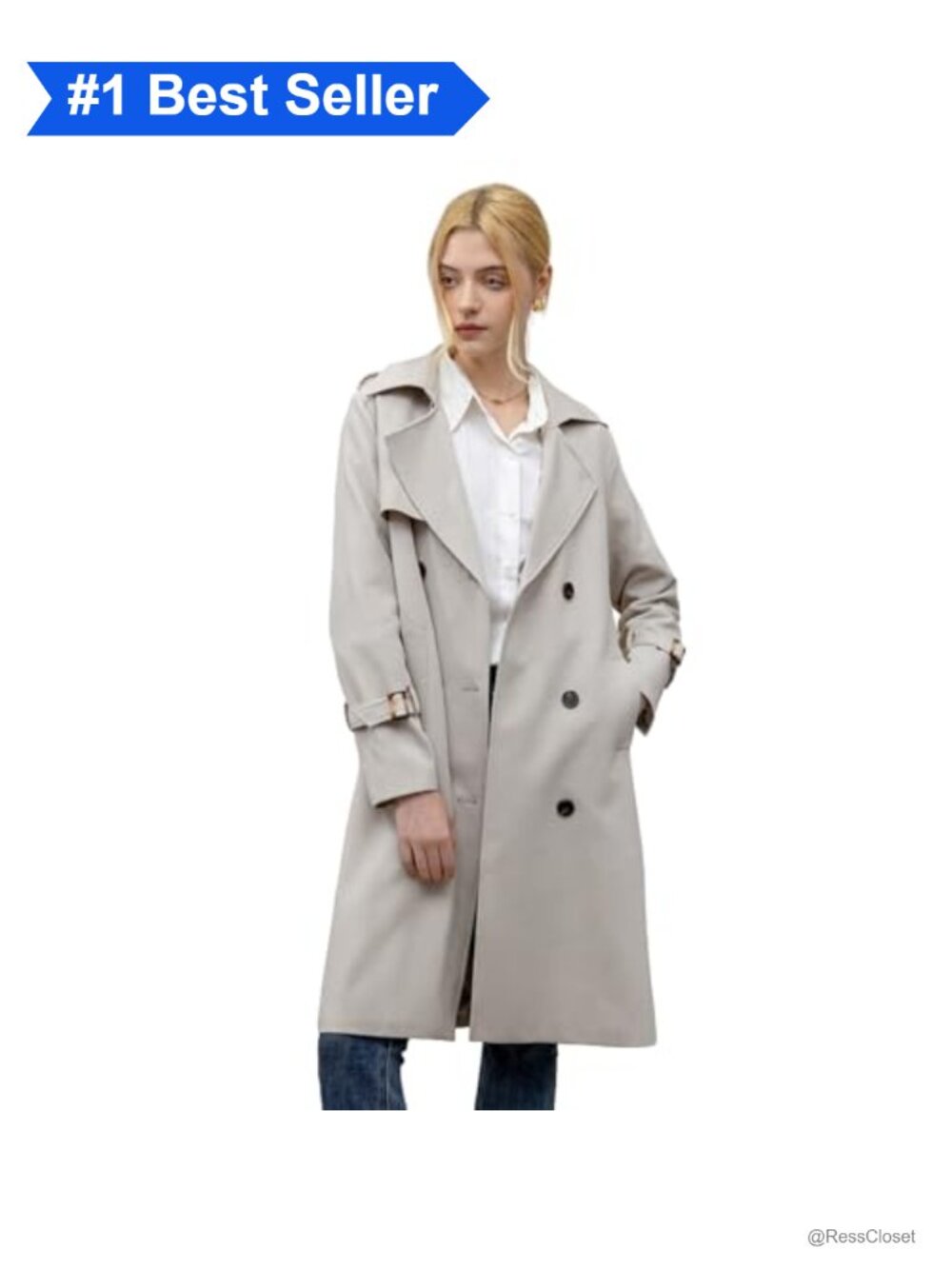 Women's Trench Coat Knee Length Double Breasted Belted Overcoat